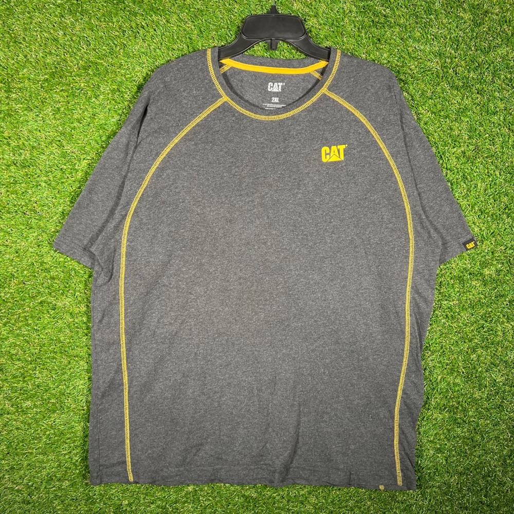CAT Caterpillar‎ Mens 2XL Gray Yellow Contrast Stitch Raglan Workwear T-Shirt